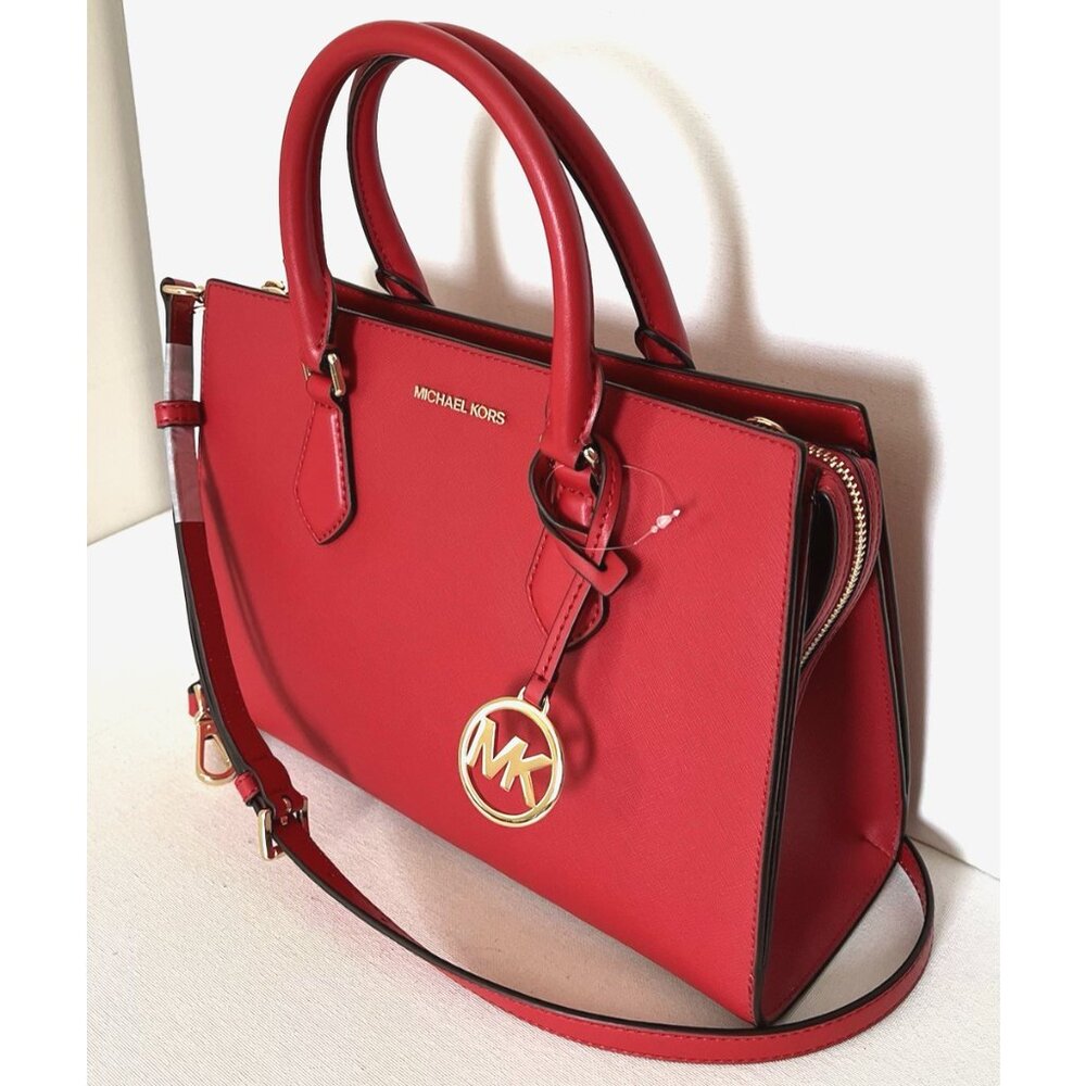 New Michael Kors Sheila Medium Saffiano Vegan Leather Satchel Bright Red - Picture 6 of 7